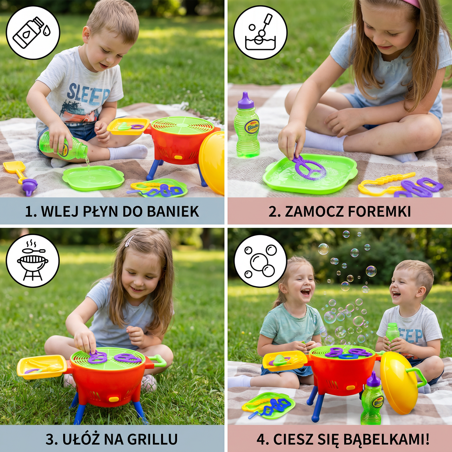 Zabawka BBQ – maszyna do baniek mydlanych z płynem i foremkami
