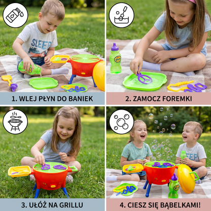 Zabawka BBQ – maszyna do baniek mydlanych z płynem i foremkami