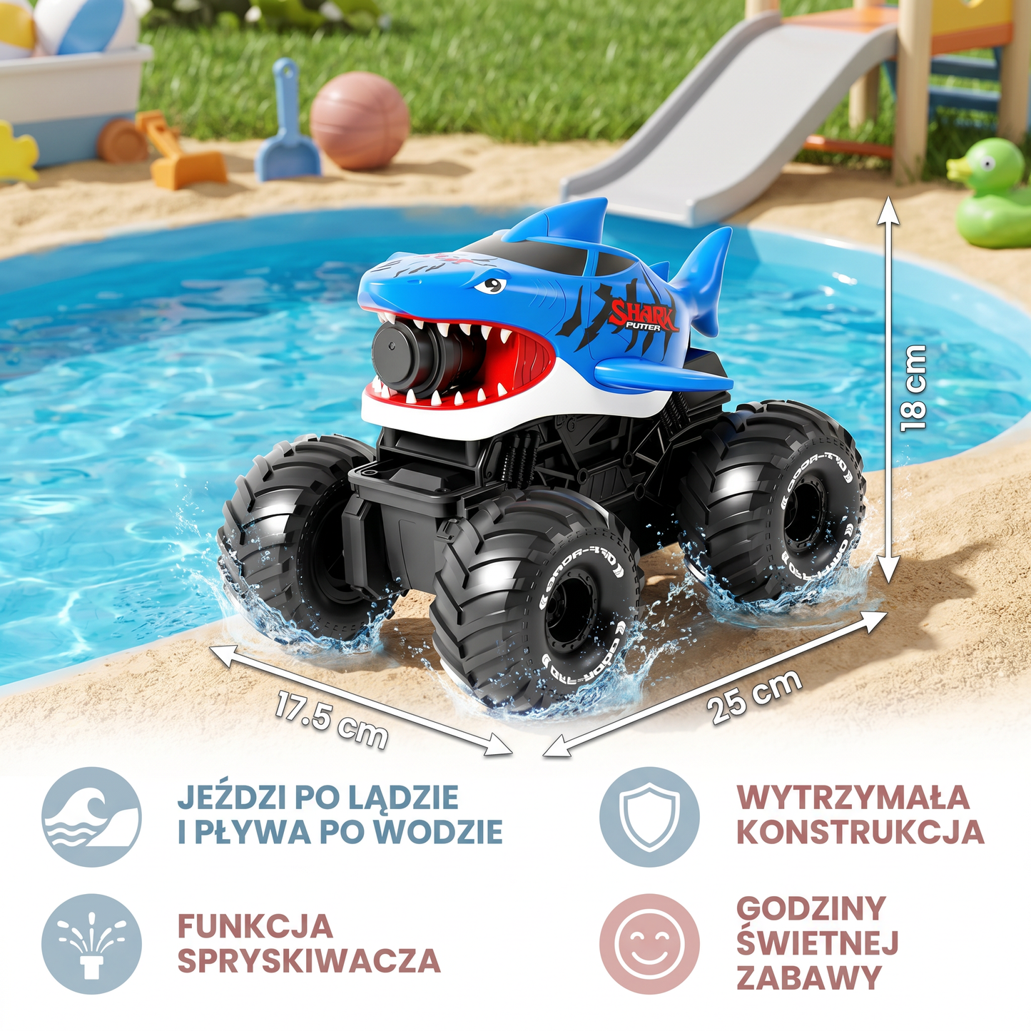 Zdalnie sterowany samochód-amfibia rekin do zabawy na lądzie i w wodzie z funkcją spryskiwacza