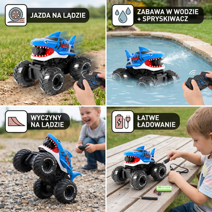Zdalnie sterowany samochód-amfibia rekin do zabawy na lądzie i w wodzie z funkcją spryskiwacza