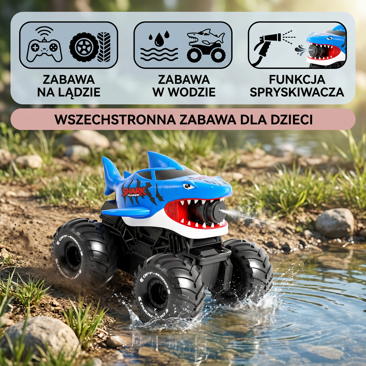 Zdalnie sterowany samochód-amfibia rekin do zabawy na lądzie i w wodzie z funkcją spryskiwacza