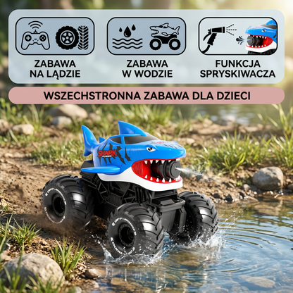 Zdalnie sterowany samochód-amfibia rekin do zabawy na lądzie i w wodzie z funkcją spryskiwacza