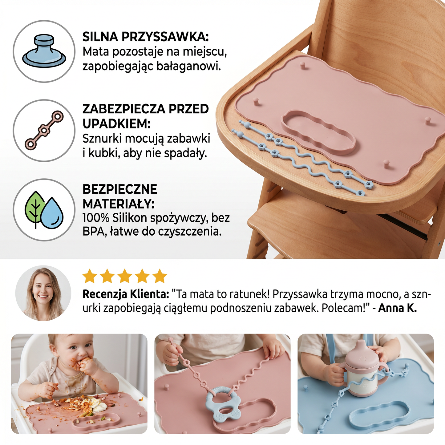 Antypoślizgowa silikonowa mata dla dzieci z przyssawką i sznurkiem zabezpieczającym przed upadkiem