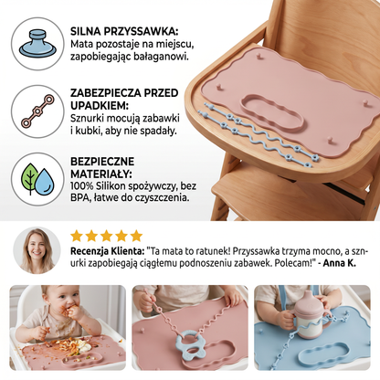 Antypoślizgowa silikonowa mata dla dzieci z przyssawką i sznurkiem zabezpieczającym przed upadkiem