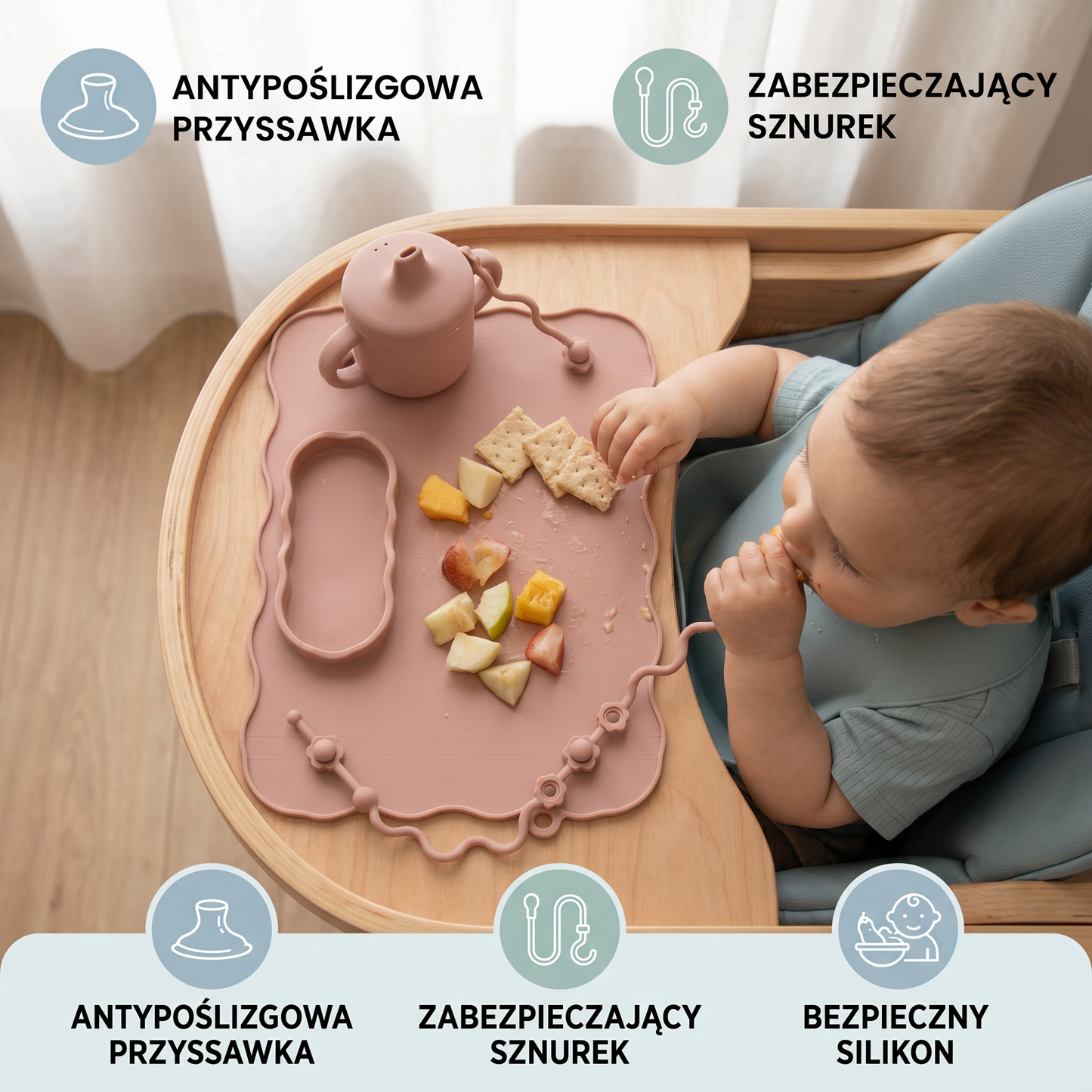 Antypoślizgowa silikonowa mata dla dzieci z przyssawką i sznurkiem zabezpieczającym przed upadkiem