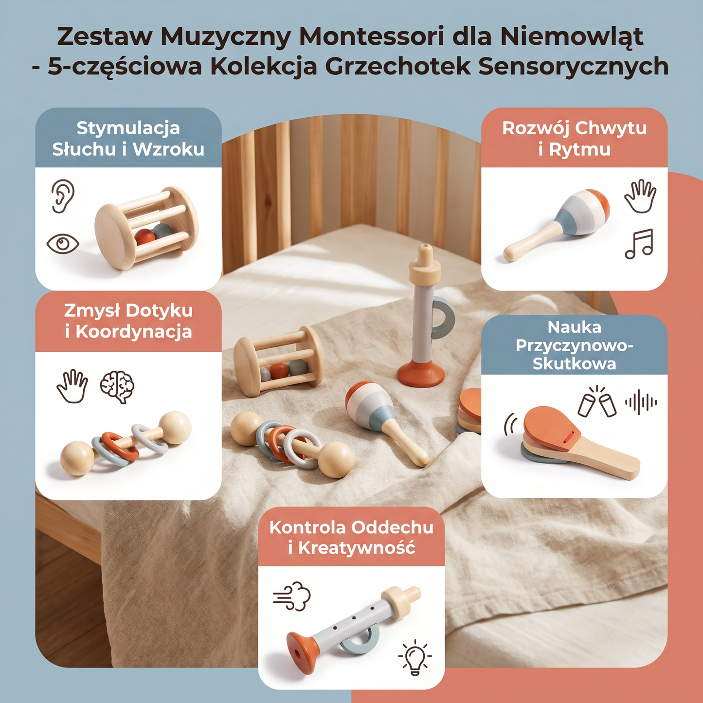Zestaw Muzyczny Montessori dla Niemowląt – 5-częściowa Kolekcja Grzechotek Sensorycznych