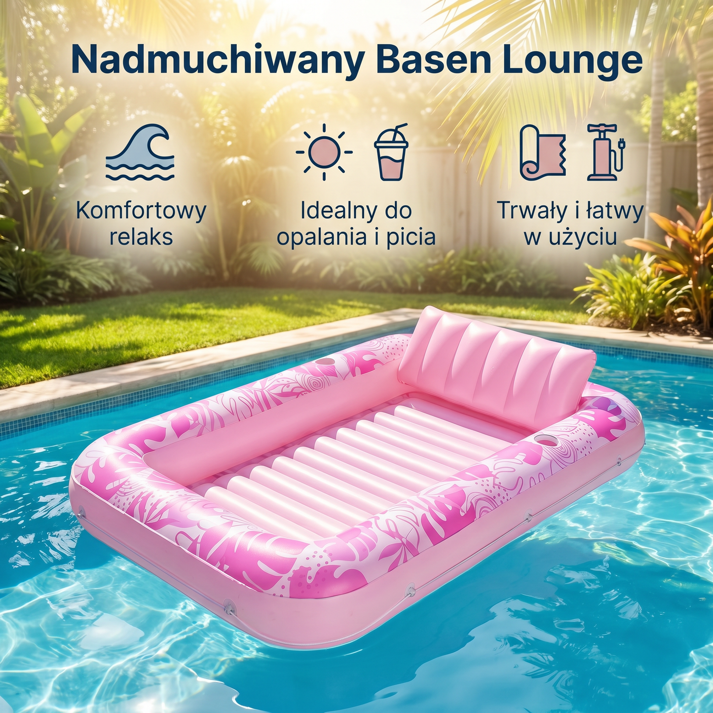Nadmuchiwany basen lounge z poduszką i uchwytem na napoje