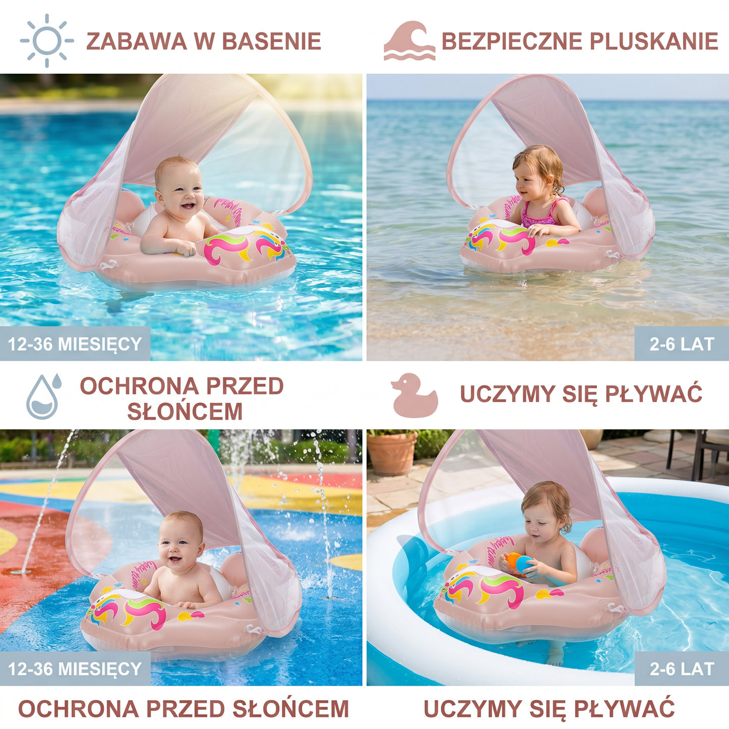 Baby Swim Ring z Osłoną Przeciwsłoneczną – Nadmuchiwany Pierścień do Pływania dla Bezpiecznej Zabawy w Wodzie