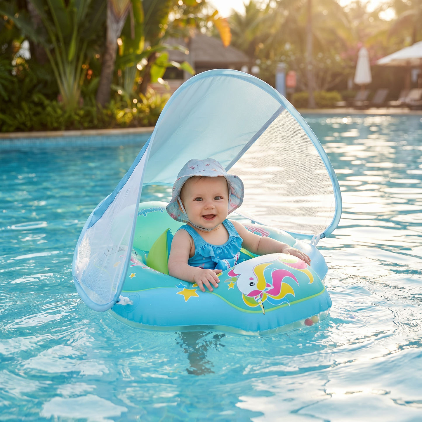 Baby Swim Ring z Osłoną Przeciwsłoneczną – Nadmuchiwany Pierścień do Pływania dla Bezpiecznej Zabawy w Wodzie