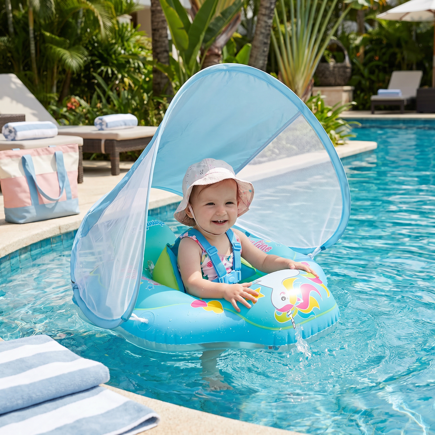 Baby Swim Ring z Osłoną Przeciwsłoneczną – Nadmuchiwany Pierścień do Pływania dla Bezpiecznej Zabawy w Wodzie