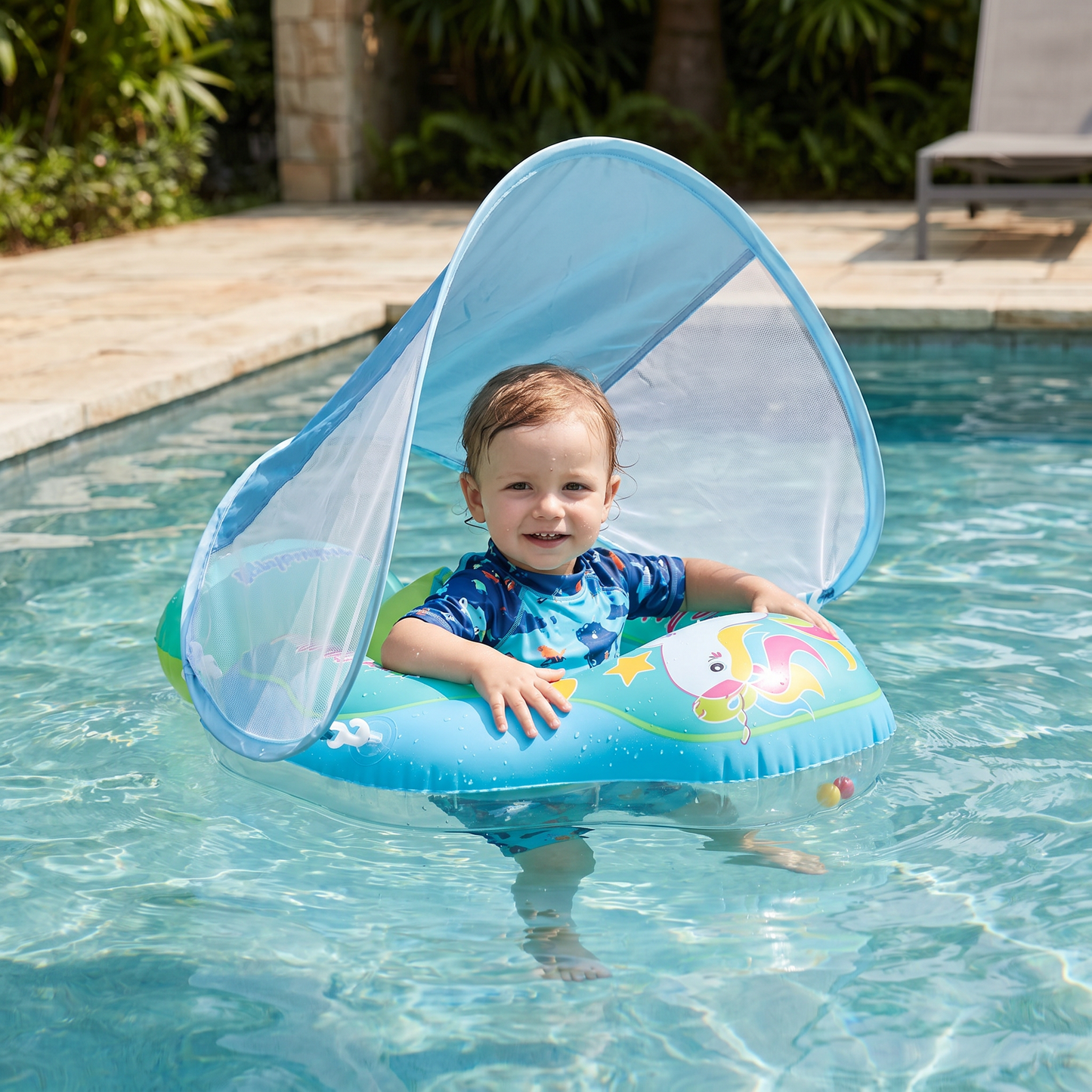 Baby Swim Ring z Osłoną Przeciwsłoneczną – Nadmuchiwany Pierścień do Pływania dla Bezpiecznej Zabawy w Wodzie