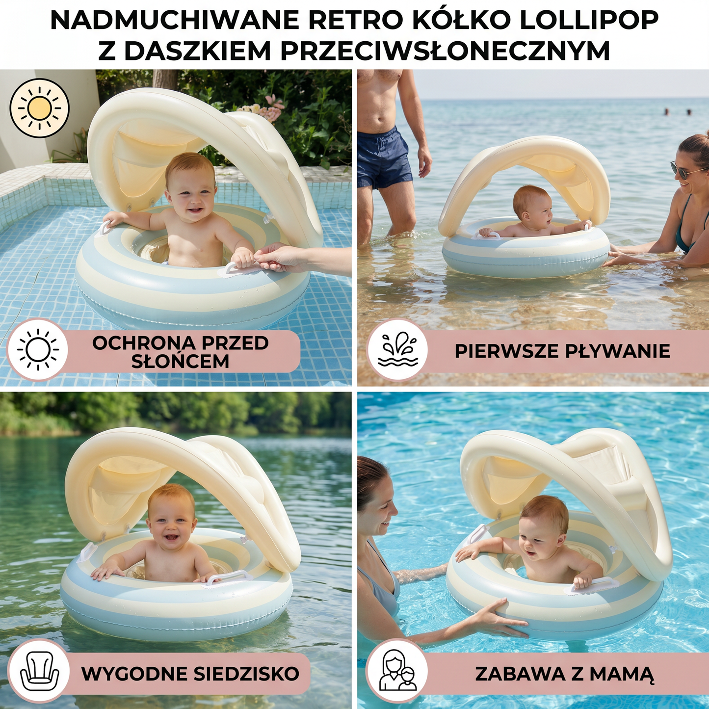 Nadmuchiwane Retro Kółko Do Pływania Dla Niemowląt Lollipop z Odczepianym Daszkiem Przeciwsłonecznym – Bezpieczne Siedzisko Od 6 do 36 Miesięcy