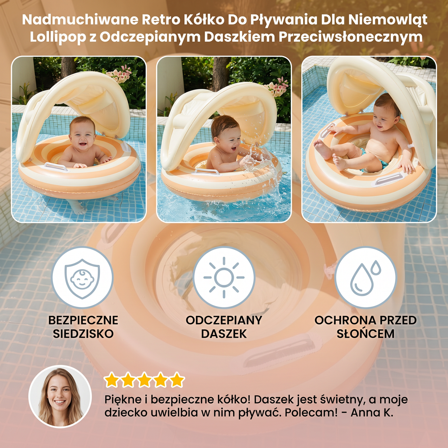 Nadmuchiwane Retro Kółko Do Pływania Dla Niemowląt Lollipop z Odczepianym Daszkiem Przeciwsłonecznym – Bezpieczne Siedzisko Od 6 do 36 Miesięcy