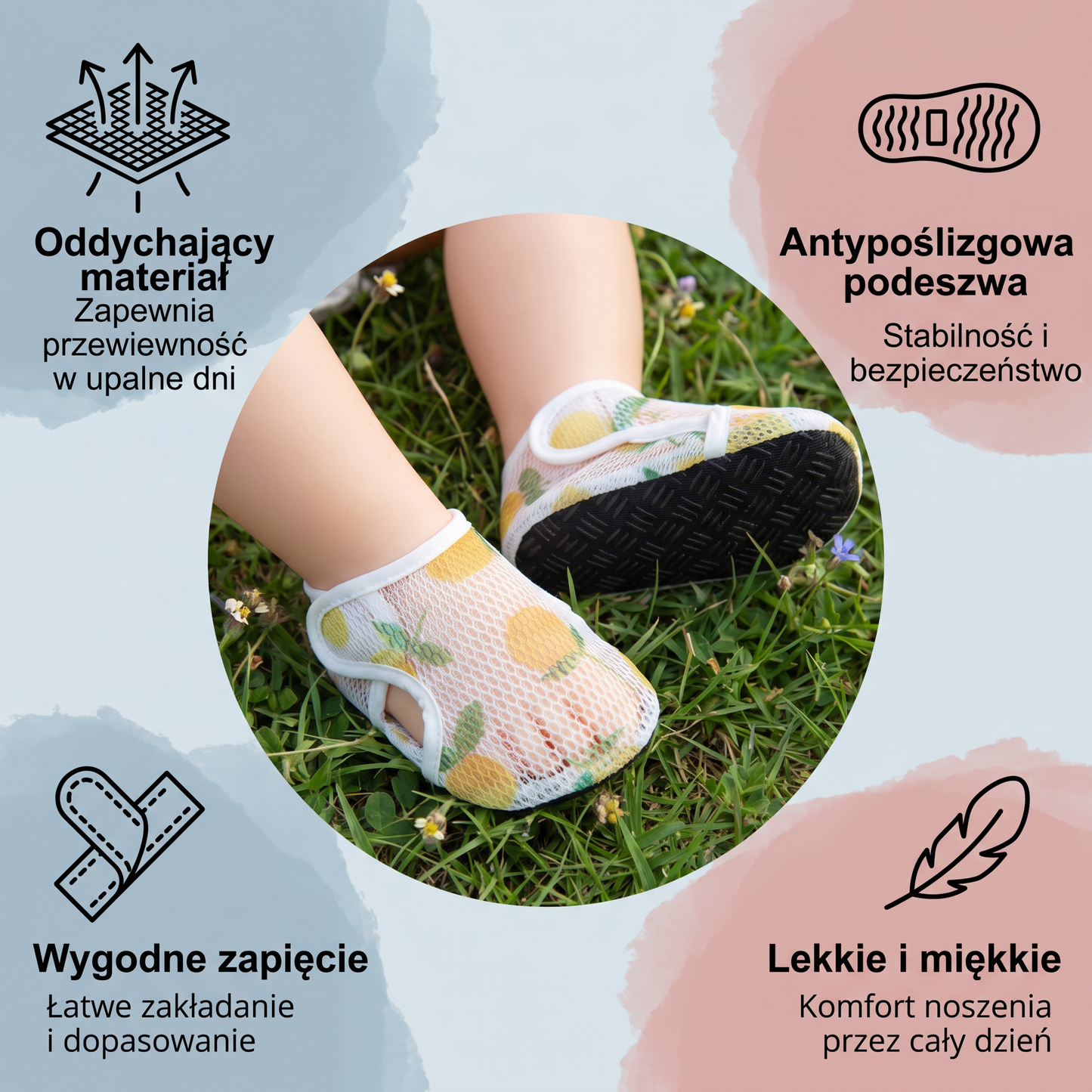 Letnie buty dziecięce z oddychającego materiału w owocowy wzór