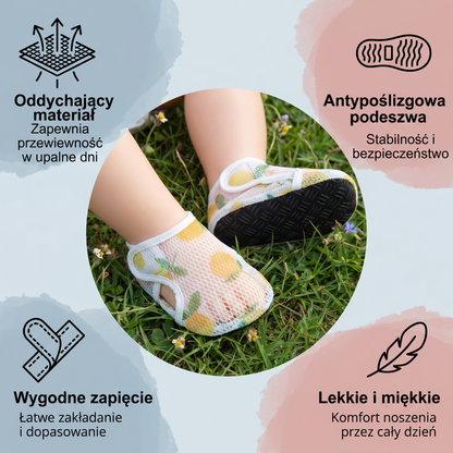 Letnie buty dziecięce z oddychającego materiału w owocowy wzór
