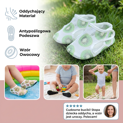 Letnie buty dziecięce z oddychającego materiału w owocowy wzór