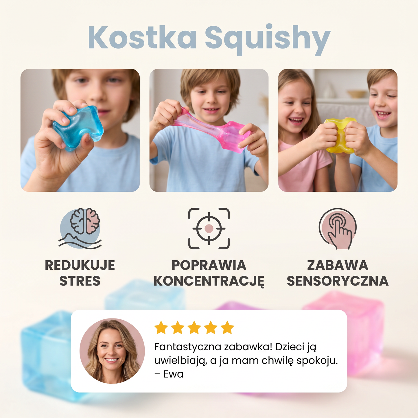 Kostka Squishy – Miękka Żelowa Zabawka Sensoryczna Fidget