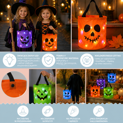 LED Halloweenowy koszyk na słodycze – wielorazowa torba na Halloween z podświetleniem