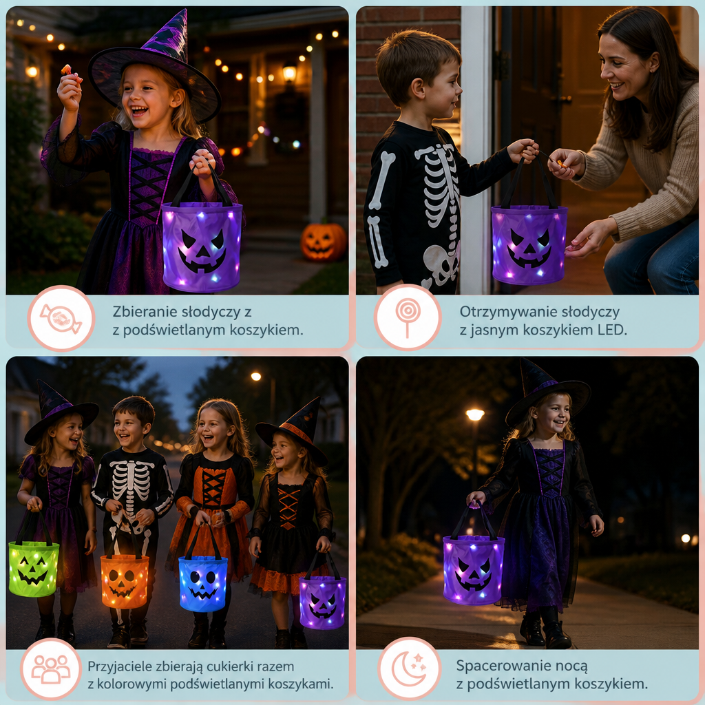 LED Halloweenowy koszyk na słodycze – wielorazowa torba na Halloween z podświetleniem