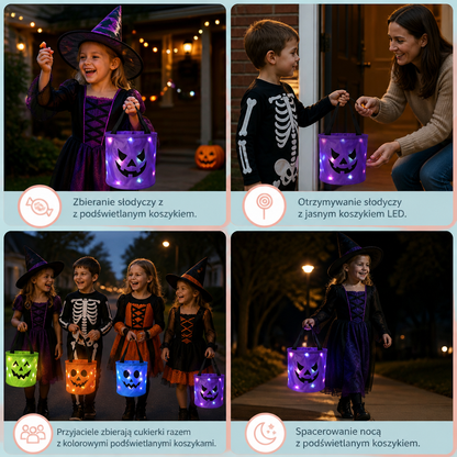 LED Halloweenowy koszyk na słodycze – wielorazowa torba na Halloween z podświetleniem