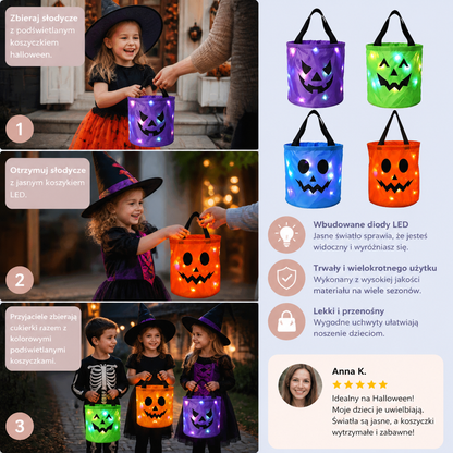 LED Halloweenowy koszyk na słodycze – wielorazowa torba na Halloween z podświetleniem