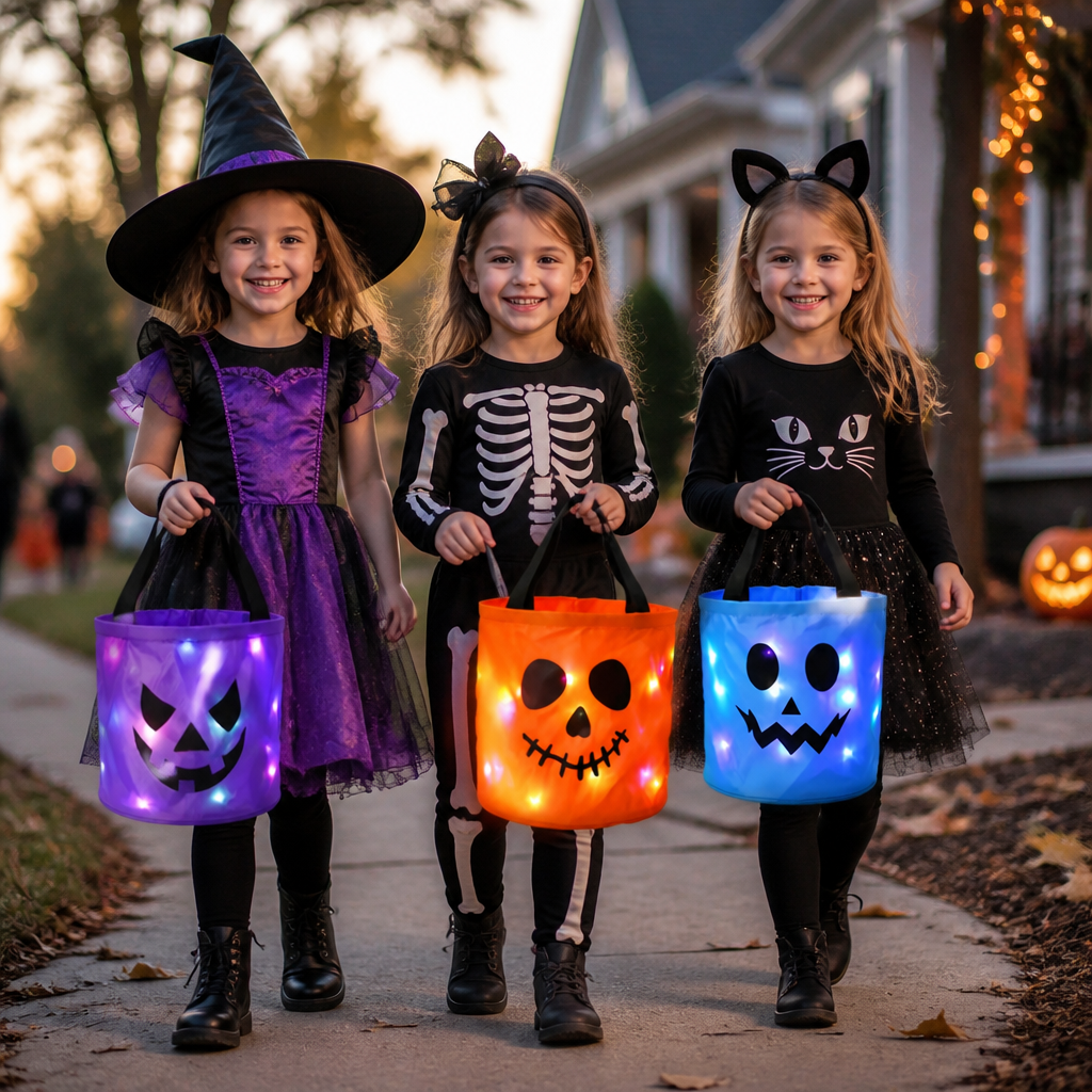 LED Halloweenowy koszyk na słodycze – wielorazowa torba na Halloween z podświetleniem