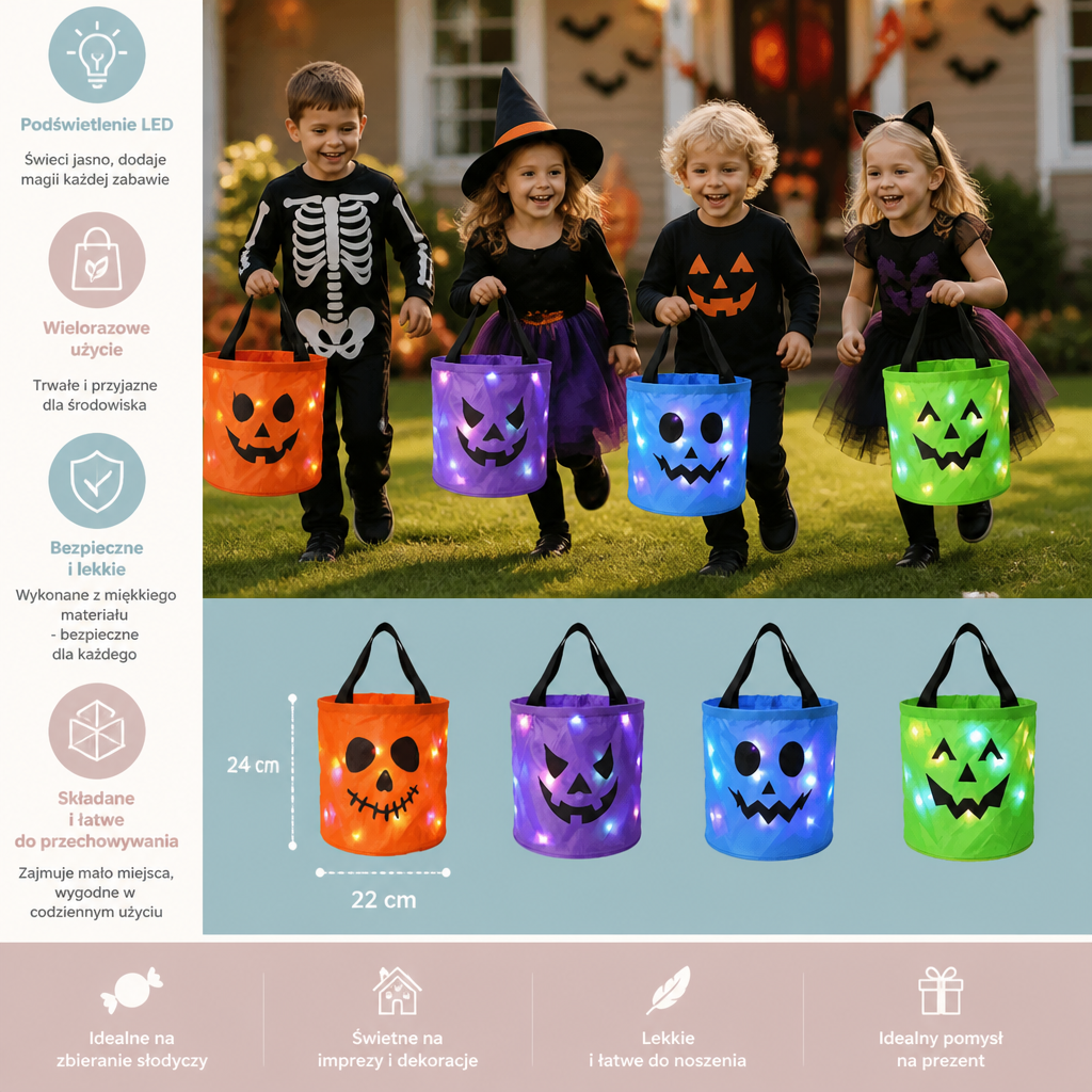 LED Halloweenowy koszyk na słodycze – wielorazowa torba na Halloween z podświetleniem