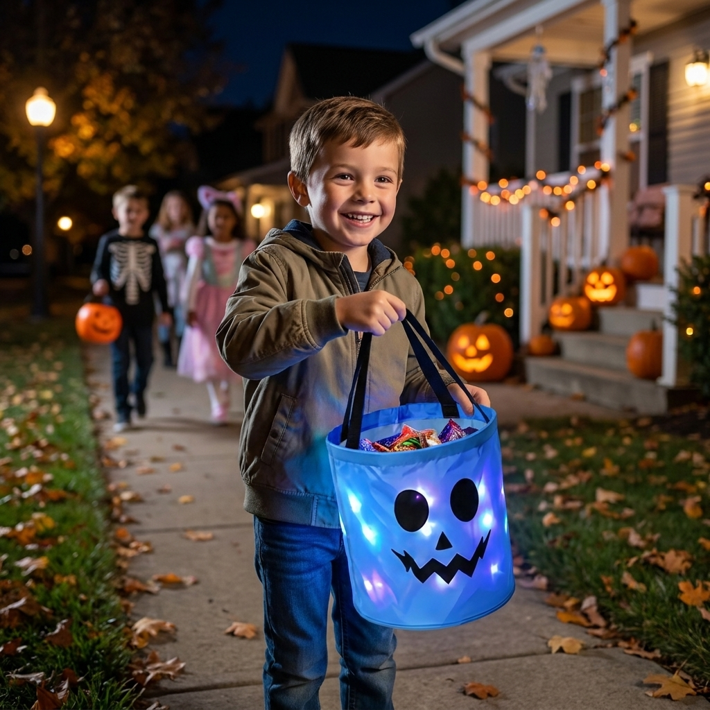 LED Halloweenowy koszyk na słodycze – wielorazowa torba na Halloween z podświetleniem