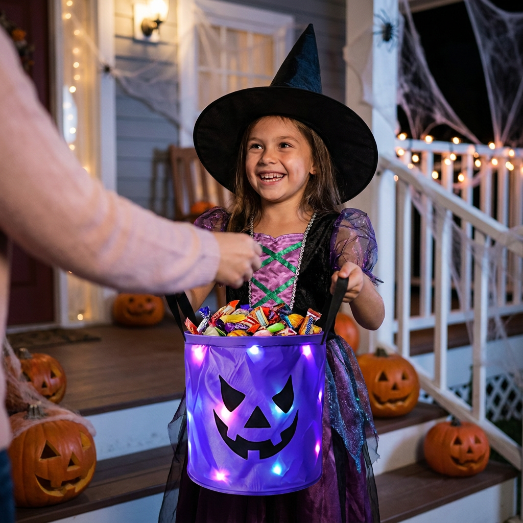 LED Halloweenowy koszyk na słodycze – wielorazowa torba na Halloween z podświetleniem