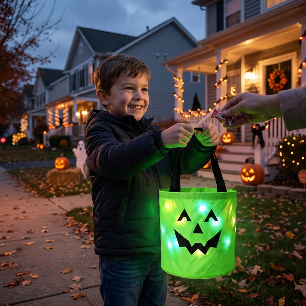 LED Halloweenowy koszyk na słodycze – wielorazowa torba na Halloween z podświetleniem