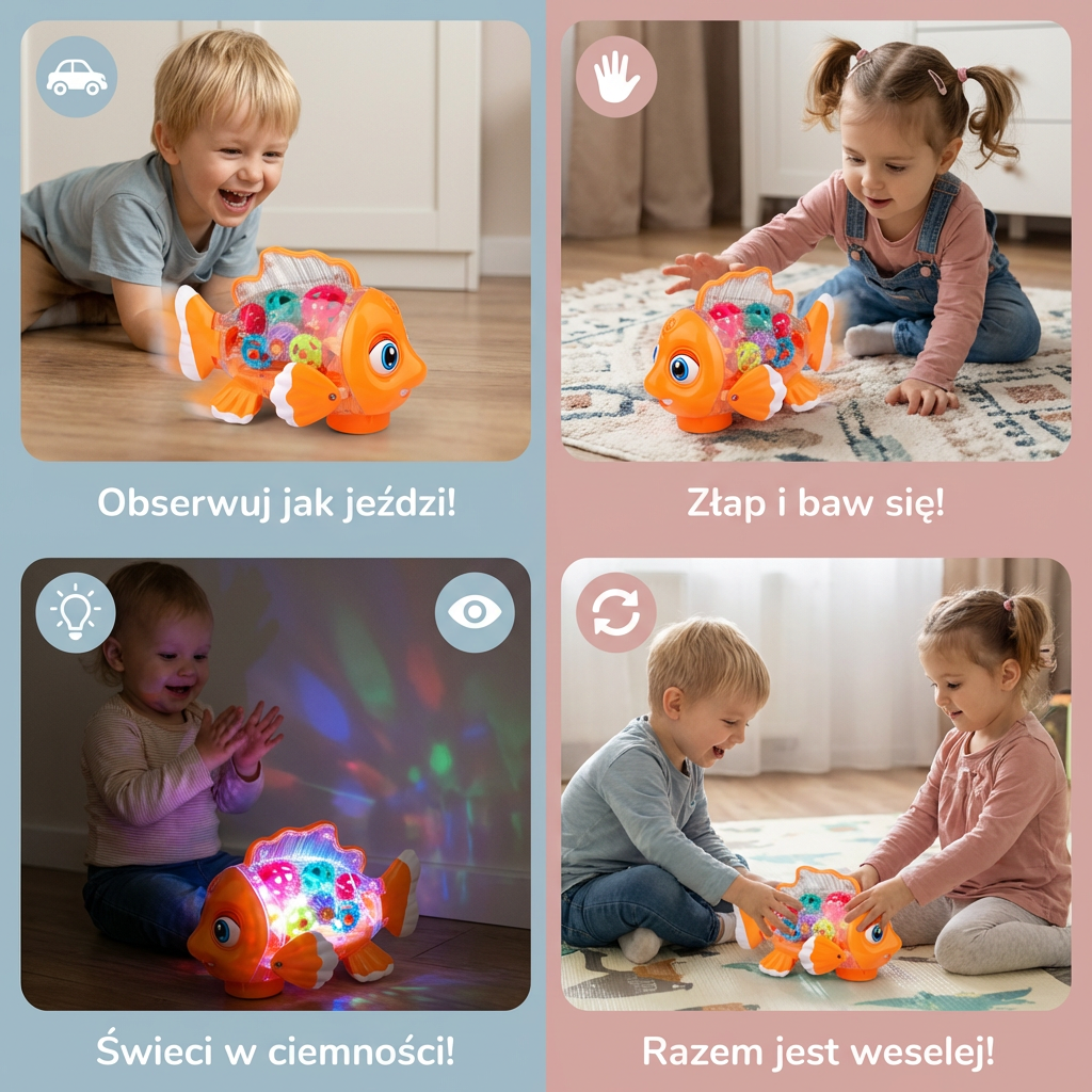 Świecąca zabawka w kształcie rybki z przekładniami dla dzieci – przezroczyste ruchome koła zębate z muzyką i ruchem