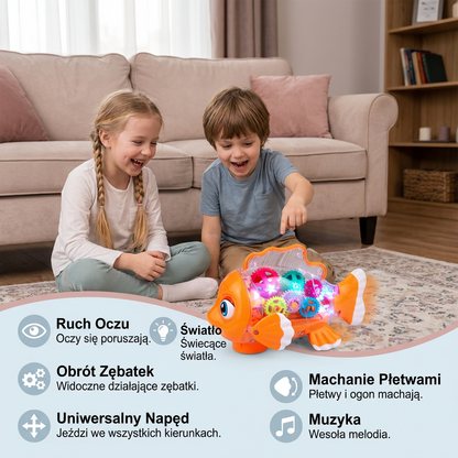 Świecąca zabawka w kształcie rybki z przekładniami dla dzieci – przezroczyste ruchome koła zębate z muzyką i ruchem