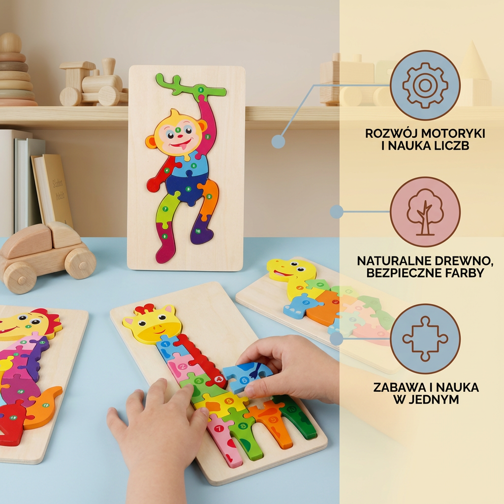 Zestaw Drewnianych Puzzli dla Dzieci – Układanka Edukacyjna z Liczbami i Zwierzętami
