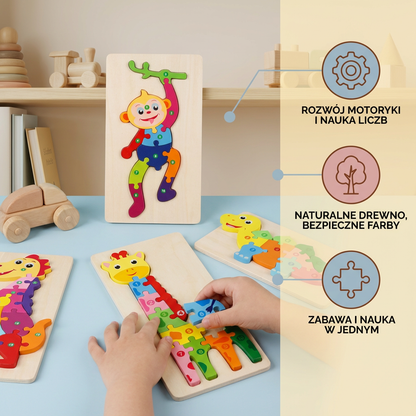 Zestaw Drewnianych Puzzli dla Dzieci – Układanka Edukacyjna z Liczbami i Zwierzętami