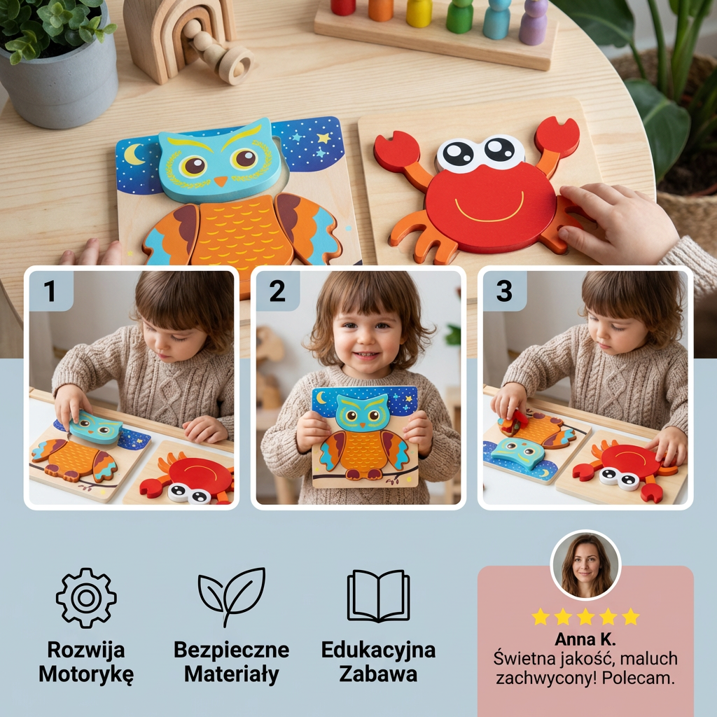3D Drewniane Puzzle dla Dzieci – Edukacyjna Zabawka Zwierzątka dla Maluchów
