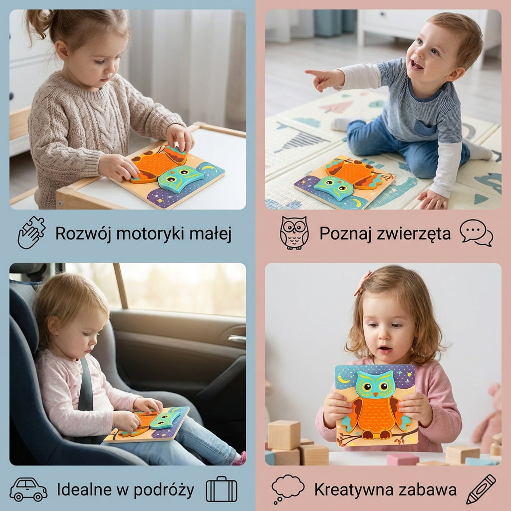 3D Drewniane Puzzle dla Dzieci – Edukacyjna Zabawka Zwierzątka dla Maluchów