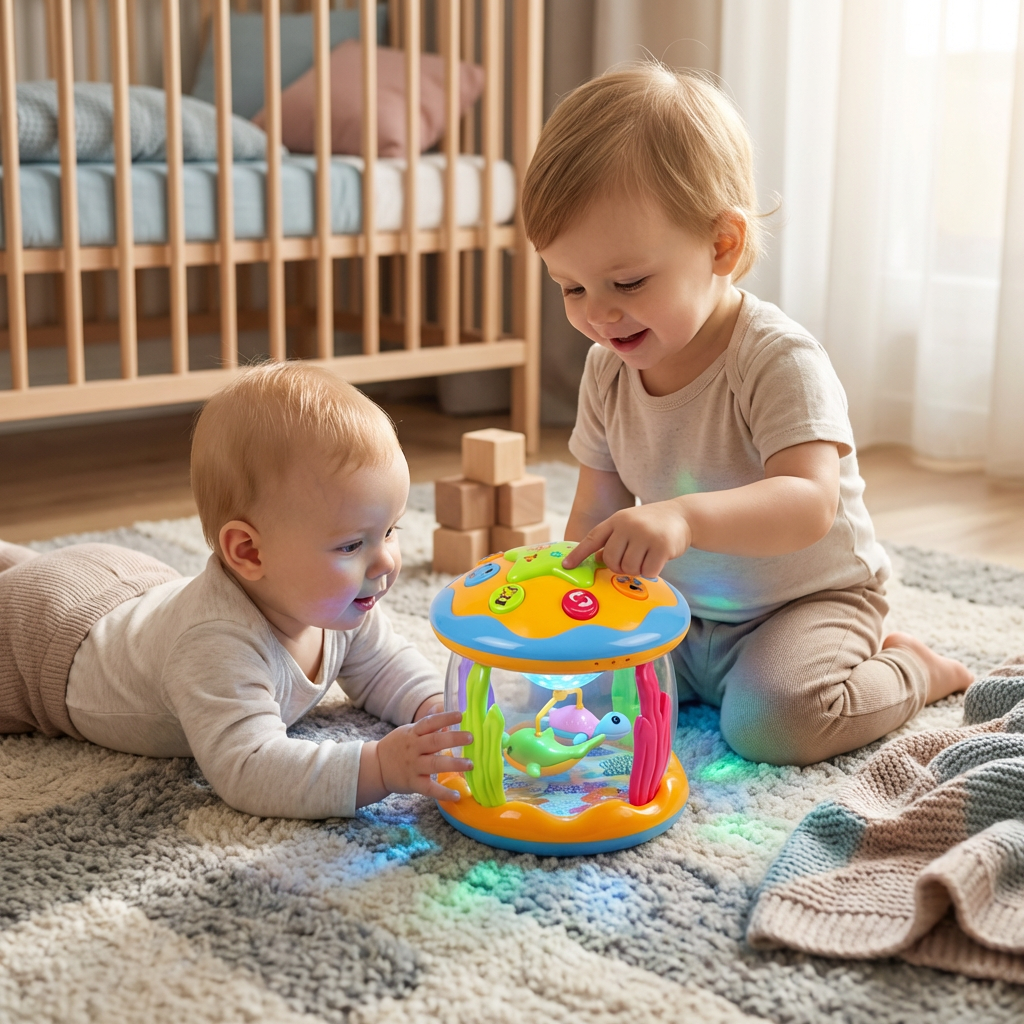 Ocean Light & Music Baby Toy – Obrotowa Zabawka Sensoryczna dla Niemowląt – Idealna do Brzuszkowania i Raczkowania