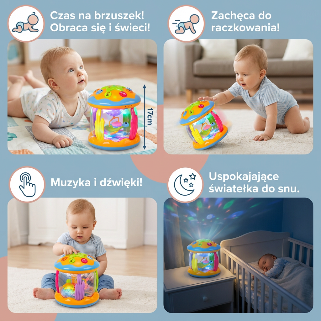 Ocean Light & Music Baby Toy – Obrotowa Zabawka Sensoryczna dla Niemowląt – Idealna do Brzuszkowania i Raczkowania