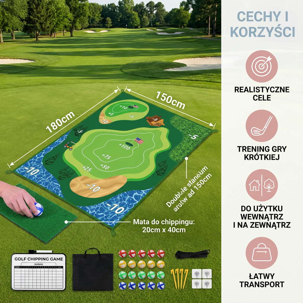 2w1 Golfowy Zestaw Treningowy i Zabawowy – Mata do Wyskoków do Użytku Wewnętrznego i Zewnętrznego z Ścianą Celów i Kijem