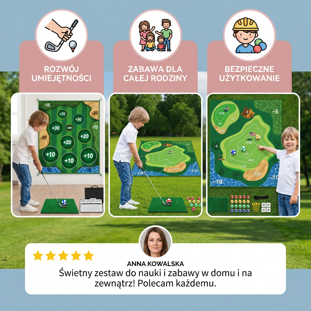 2w1 Golfowy Zestaw Treningowy i Zabawowy – Mata do Wyskoków do Użytku Wewnętrznego i Zewnętrznego z Ścianą Celów i Kijem