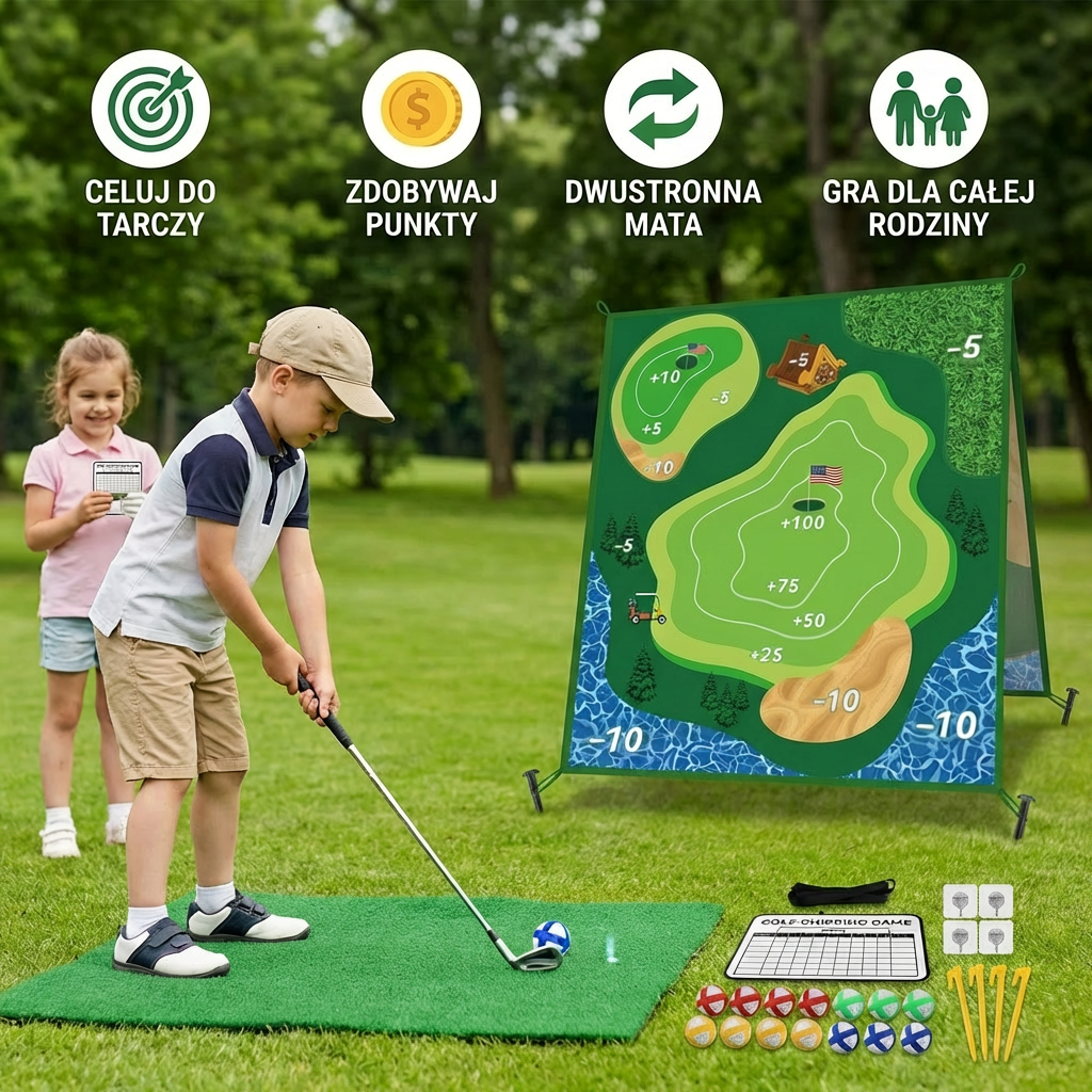 2w1 Golfowy Zestaw Treningowy i Zabawowy – Mata do Wyskoków do Użytku Wewnętrznego i Zewnętrznego z Ścianą Celów i Kijem