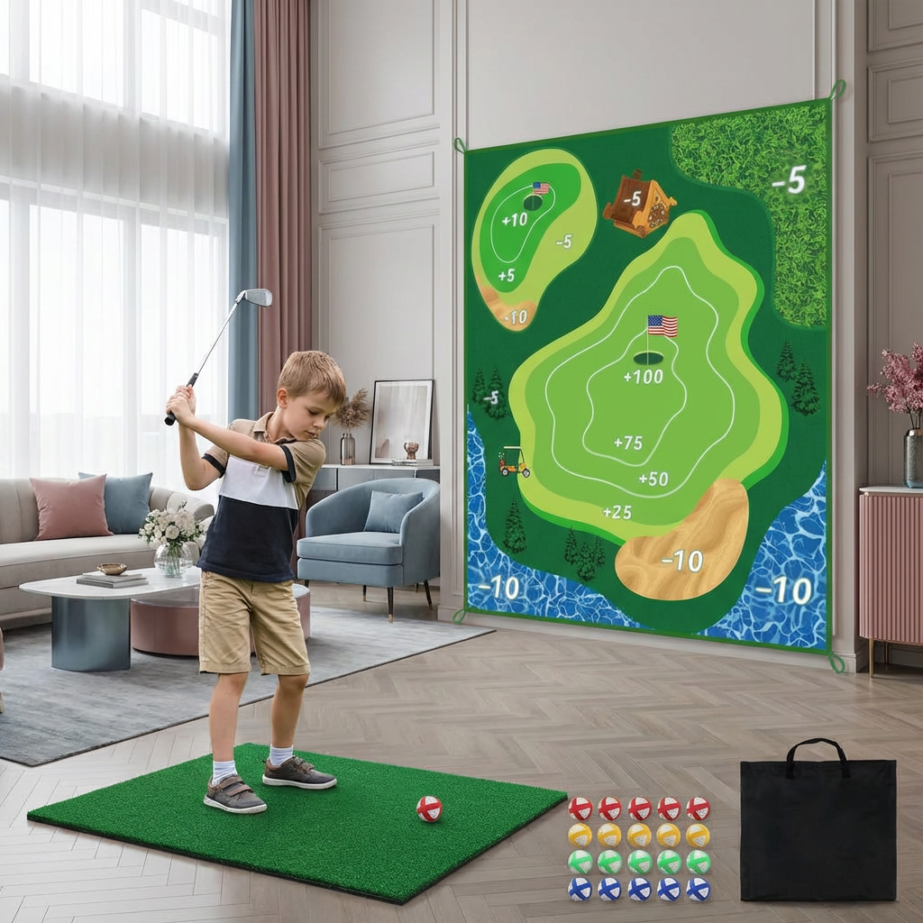 2w1 Golfowy Zestaw Treningowy i Zabawowy – Mata do Wyskoków do Użytku Wewnętrznego i Zewnętrznego z Ścianą Celów i Kijem