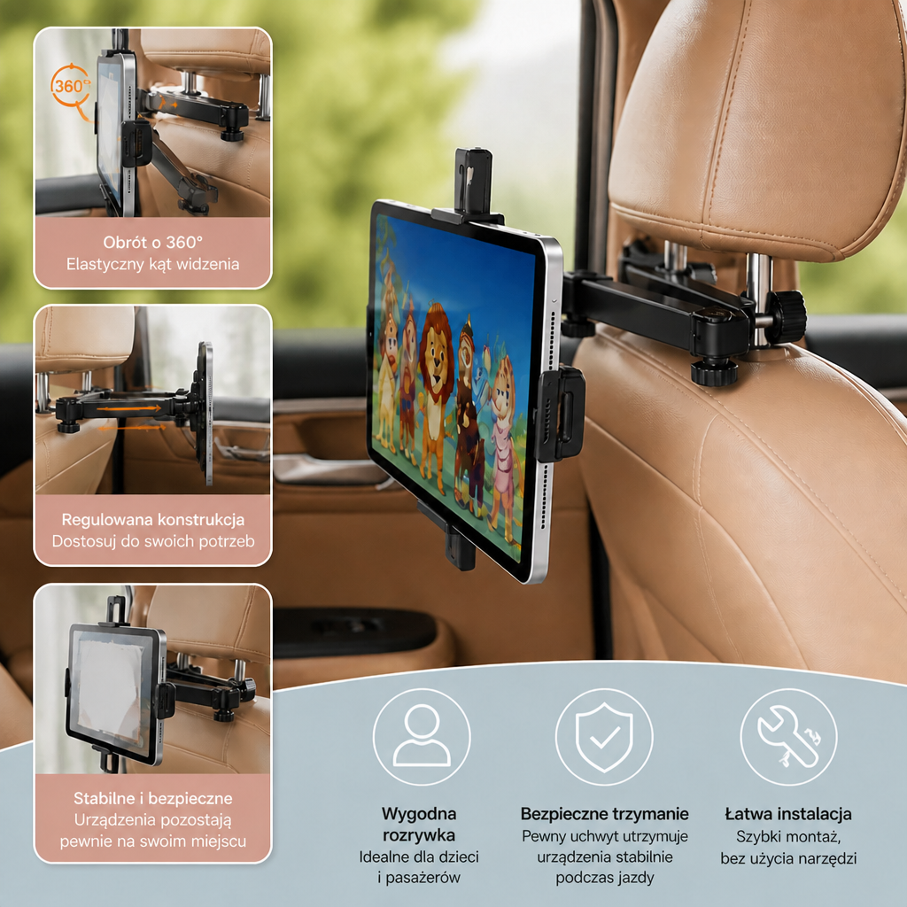 Obrotowy o 360° uchwyt na tablet do zagłówka samochodowego – Uchwyt na tablet na tylne siedzenie