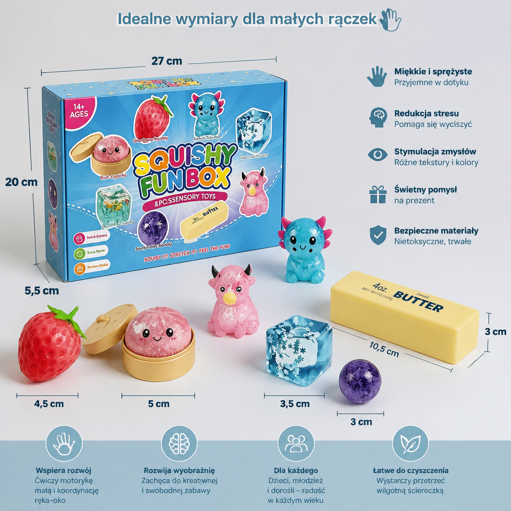 Zestaw Premium Miękkich Zabawek Fidget Squishy – 8 Zabawek Sensorycznych