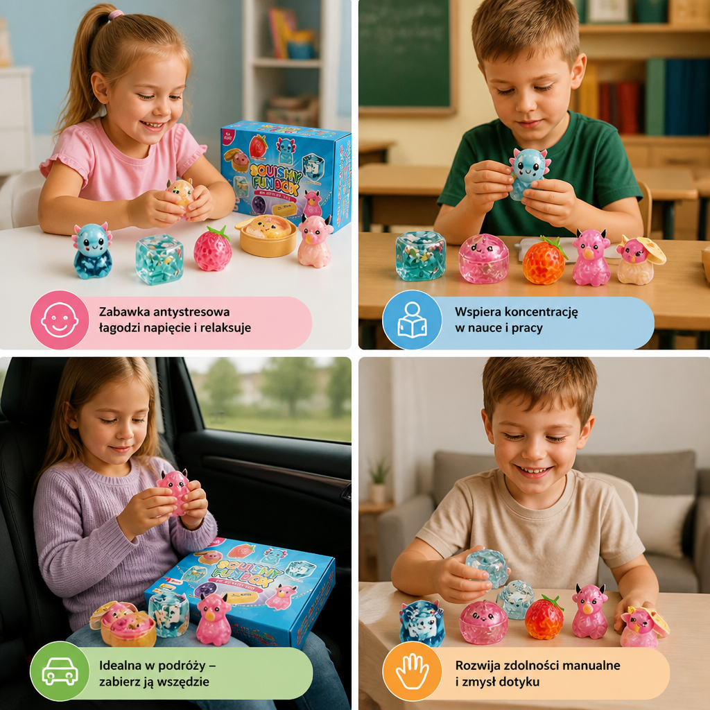 Zestaw Premium Miękkich Zabawek Fidget Squishy – 8 Zabawek Sensorycznych