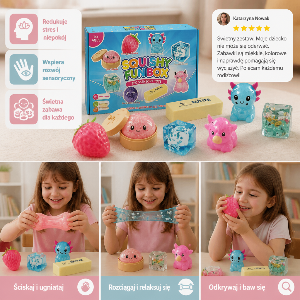 Zestaw Premium Miękkich Zabawek Fidget Squishy – 8 Zabawek Sensorycznych