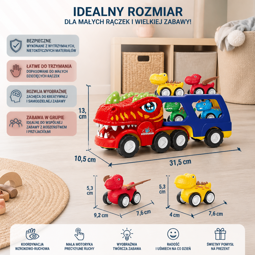 Zestaw Zabawek Ciężarówka Transportowa z Dinozaurem i Mini Samochodzikami Dinozaurami