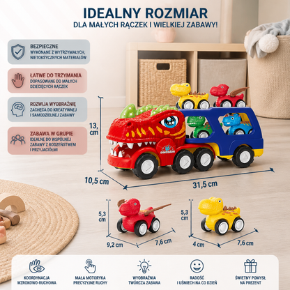 Zestaw Zabawek Ciężarówka Transportowa z Dinozaurem i Mini Samochodzikami Dinozaurami