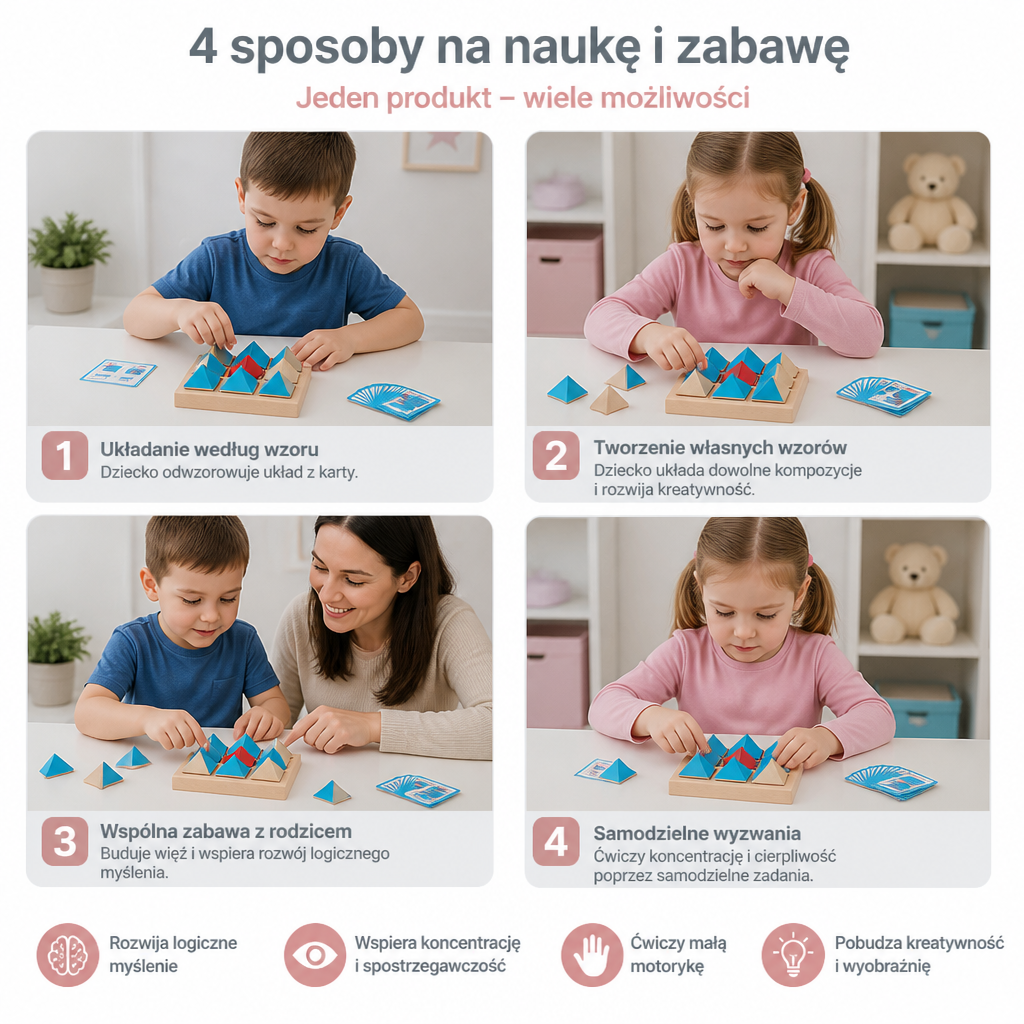 Drewniane Puzzle z Geometrycznymi Wzorami – Gra Rozwijająca Logikę i Myślenie Przestrzenne