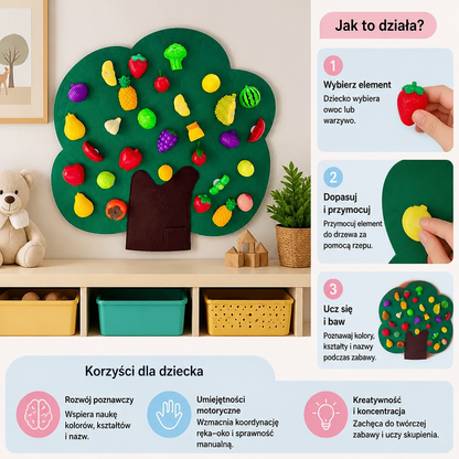 Filcowa Tablica Aktywności „Drzewo Owocowe” – Edukacyjna Zabawka Montessori
